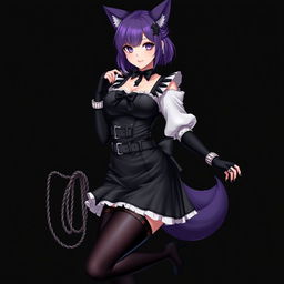 A sexy gothic semi-realistic anime kitsune girl maid, showcasing gothic makeup and shoulder-length purple hair styled in a bun, adorned with a black hairpin