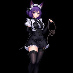 A sexy gothic semi-realistic anime kitsune girl maid, showcasing gothic makeup and shoulder-length purple hair styled in a bun, adorned with a black hairpin