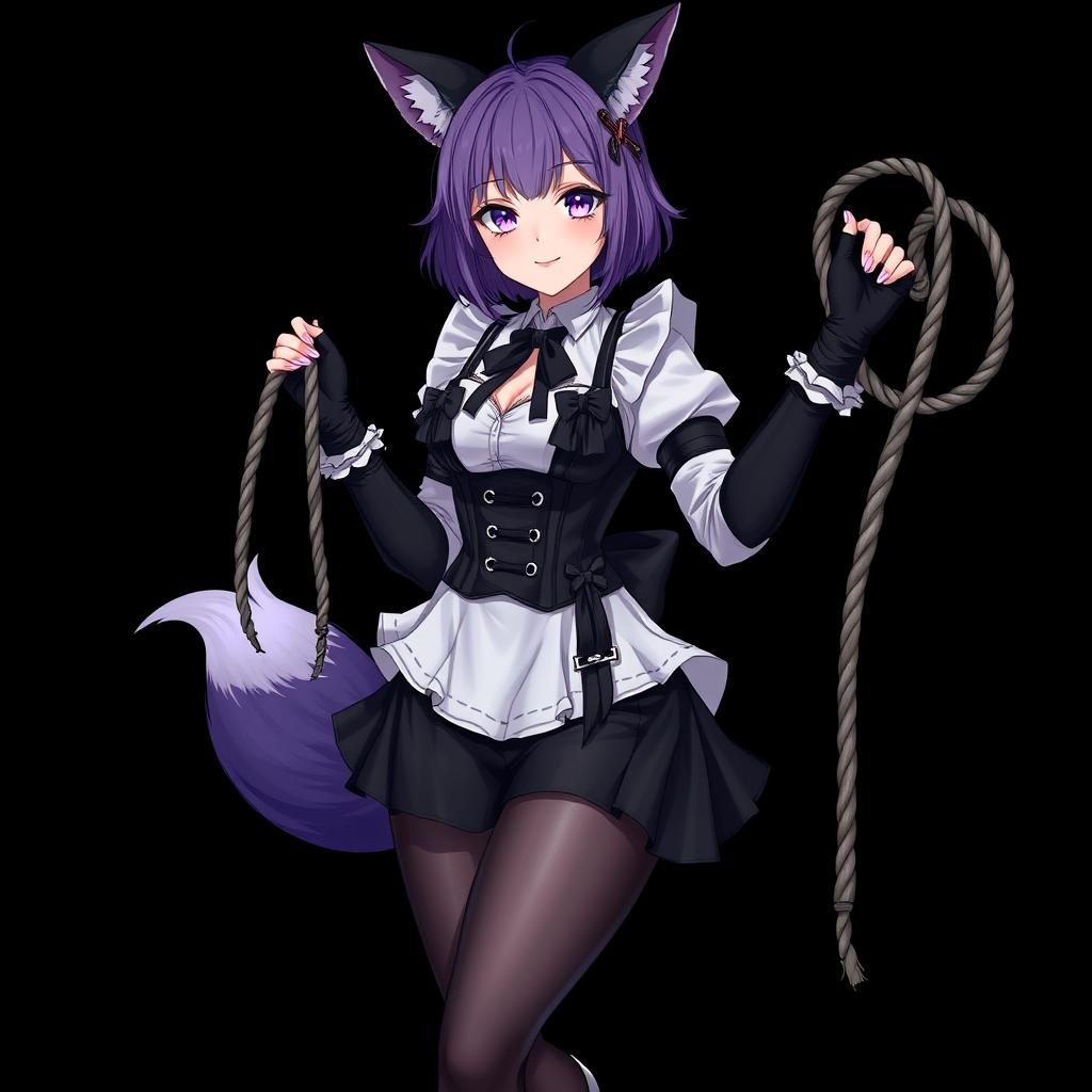 A sexy gothic semi-realistic anime kitsune girl maid, showcasing gothic makeup and shoulder-length purple hair styled in a bun, adorned with a black hairpin