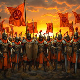 A magnificent scene depicting a support warrior army with a striking orange theme