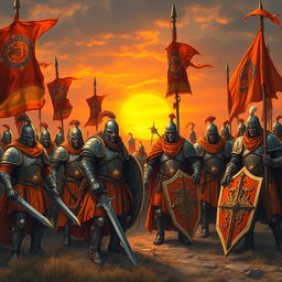 A magnificent scene depicting a support warrior army with a striking orange theme