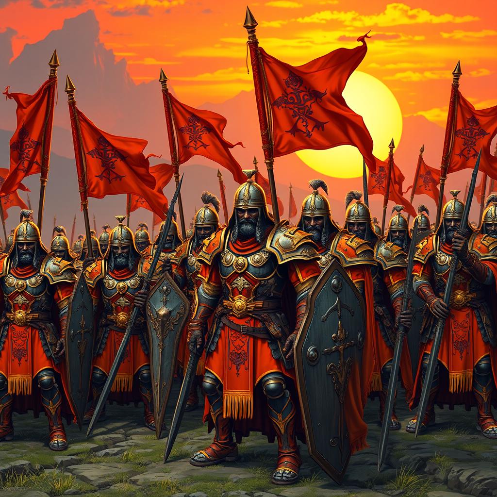 A magnificent scene depicting a support warrior army with a striking orange theme