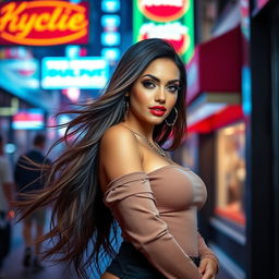 A stunning woman with a captivating presence, wearing a fashionable outfit that accentuates her curves