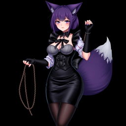 A sexy gothic semi-realistic anime kitsune girl maid, featuring gothic makeup and shoulder-length purple hair styled in a bun, secured with a black hairpin