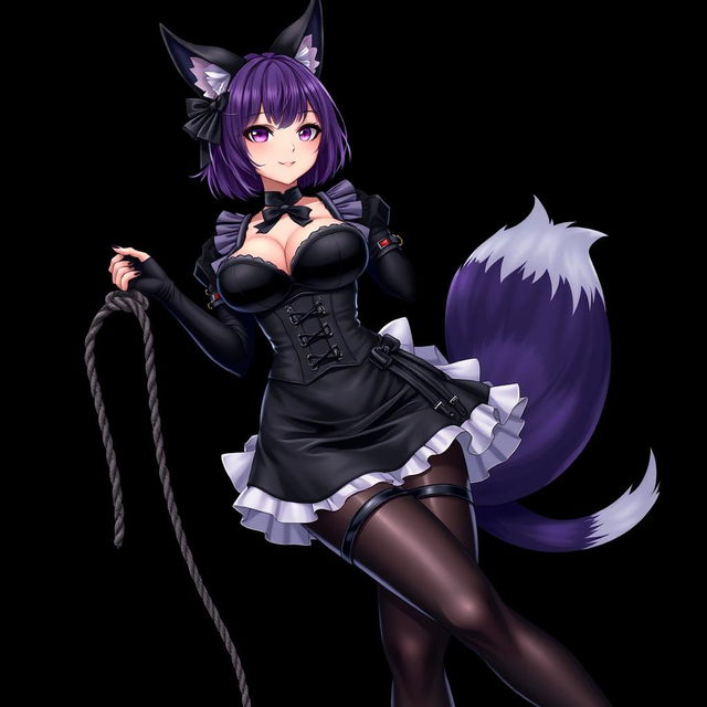 A sexy gothic semi-realistic anime kitsune girl maid, featuring gothic makeup and shoulder-length purple hair styled in a bun, secured with a black hairpin