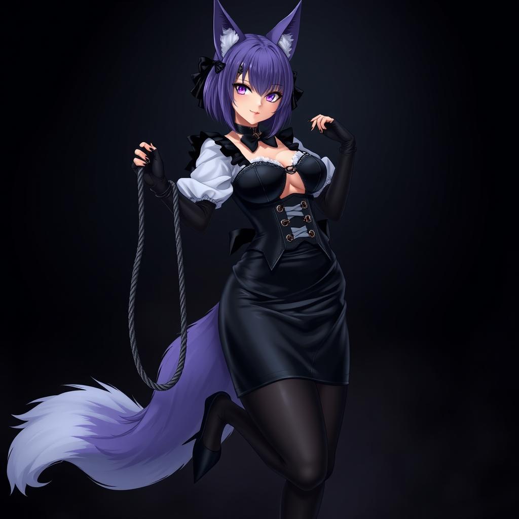 A sexy gothic semi-realistic anime kitsune girl maid, featuring gothic makeup and shoulder-length purple hair styled in a bun, secured with a black hairpin