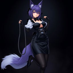 A sexy gothic semi-realistic anime kitsune girl maid, featuring gothic makeup and shoulder-length purple hair styled in a bun, secured with a black hairpin