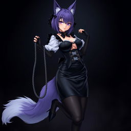 A sexy gothic semi-realistic anime kitsune girl maid, featuring gothic makeup and shoulder-length purple hair styled in a bun, secured with a black hairpin