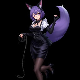 A sexy gothic semi-realistic anime kitsune girl maid, featuring gothic makeup and shoulder-length purple hair styled in a bun, secured with a black hairpin
