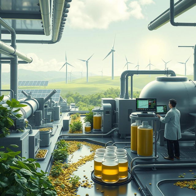 A futuristic biofuel facility where waste vegetable oil is being converted into high-quality fuel