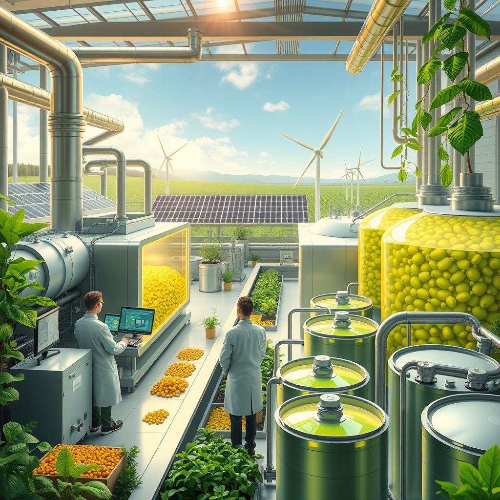 A futuristic biofuel facility where waste vegetable oil is being converted into high-quality fuel