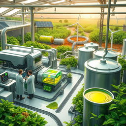 A futuristic biofuel facility where waste vegetable oil is being converted into high-quality fuel