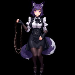 A sexy gothic semi-realistic anime kitsune girl maid, showcasing gothic makeup and shoulder-length purple hair elegantly styled in a bun, secured with a black hairpin