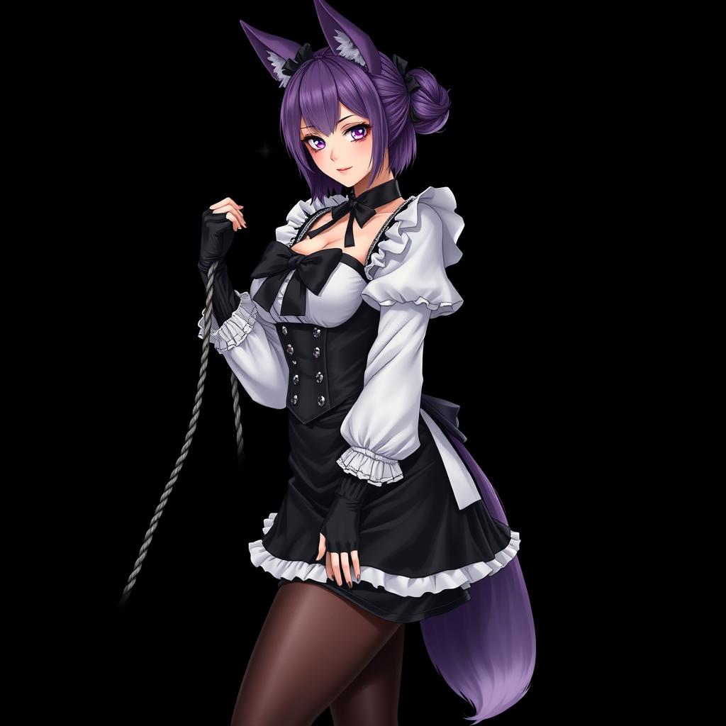 A sexy gothic semi-realistic anime kitsune girl maid, showcasing gothic makeup and shoulder-length purple hair elegantly styled in a bun, secured with a black hairpin