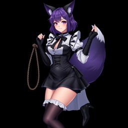 A sexy gothic semi-realistic anime kitsune girl maid, showcasing gothic makeup and shoulder-length purple hair elegantly styled in a bun, secured with a black hairpin