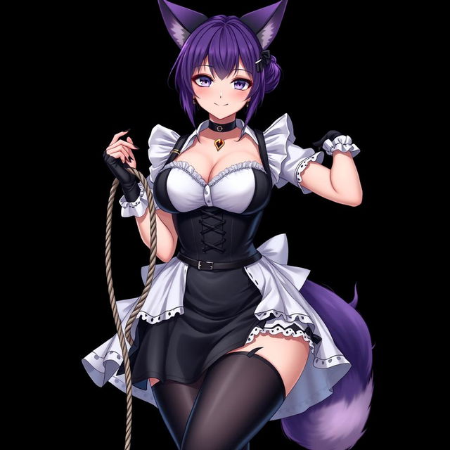 A sexy gothic semi-realistic anime kitsune girl maid, showcasing gothic makeup and shoulder-length purple hair elegantly styled in a bun, secured with a black hairpin