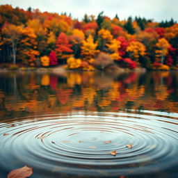 A serene autumn landscape featuring vibrant fall foliage with colors of red, orange, and yellow surrounding a calm lake