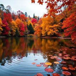 A serene autumn landscape featuring vibrant fall foliage with colors of red, orange, and yellow surrounding a calm lake