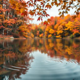 A serene autumn landscape featuring vibrant fall foliage with colors of red, orange, and yellow surrounding a calm lake