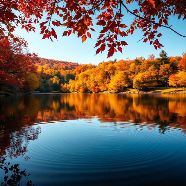 A serene autumn landscape featuring vibrant fall foliage with colors of red, orange, and yellow surrounding a calm lake