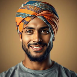 A portrait of a confident, striking man wearing a beautifully styled turban