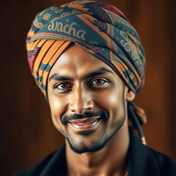A portrait of a confident, striking man wearing a beautifully styled turban