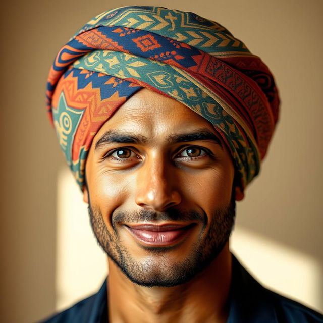 A portrait of a confident, striking man wearing a beautifully styled turban