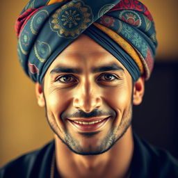 A portrait of a confident, striking man wearing a beautifully styled turban