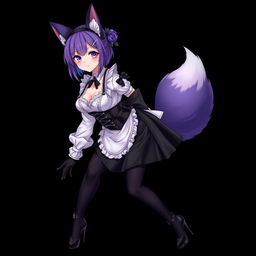 A sexy gothic semi-realistic anime kitsune girl maid, showcasing gothic makeup and shoulder-length purple hair styled in a bun, secured with a black hairpin
