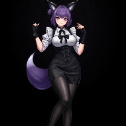 A sexy gothic semi-realistic anime kitsune girl maid, showcasing gothic makeup and shoulder-length purple hair styled in a bun, secured with a black hairpin