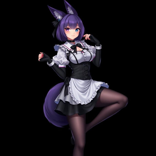 A sexy gothic semi-realistic anime kitsune girl maid, showcasing gothic makeup and shoulder-length purple hair styled in a bun, secured with a black hairpin