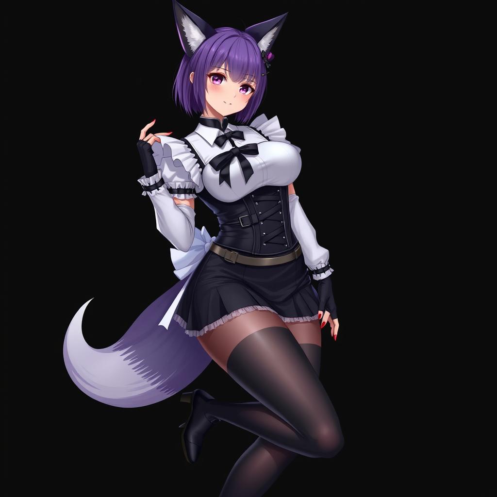 A sexy gothic semi-realistic anime kitsune girl maid, showcasing gothic makeup and shoulder-length purple hair styled in a bun, secured with a black hairpin