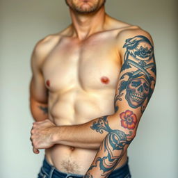 A striking photo of a white man, featuring only the middle part of his body
