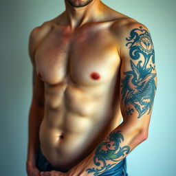 A striking photo of a white man, featuring only the middle part of his body