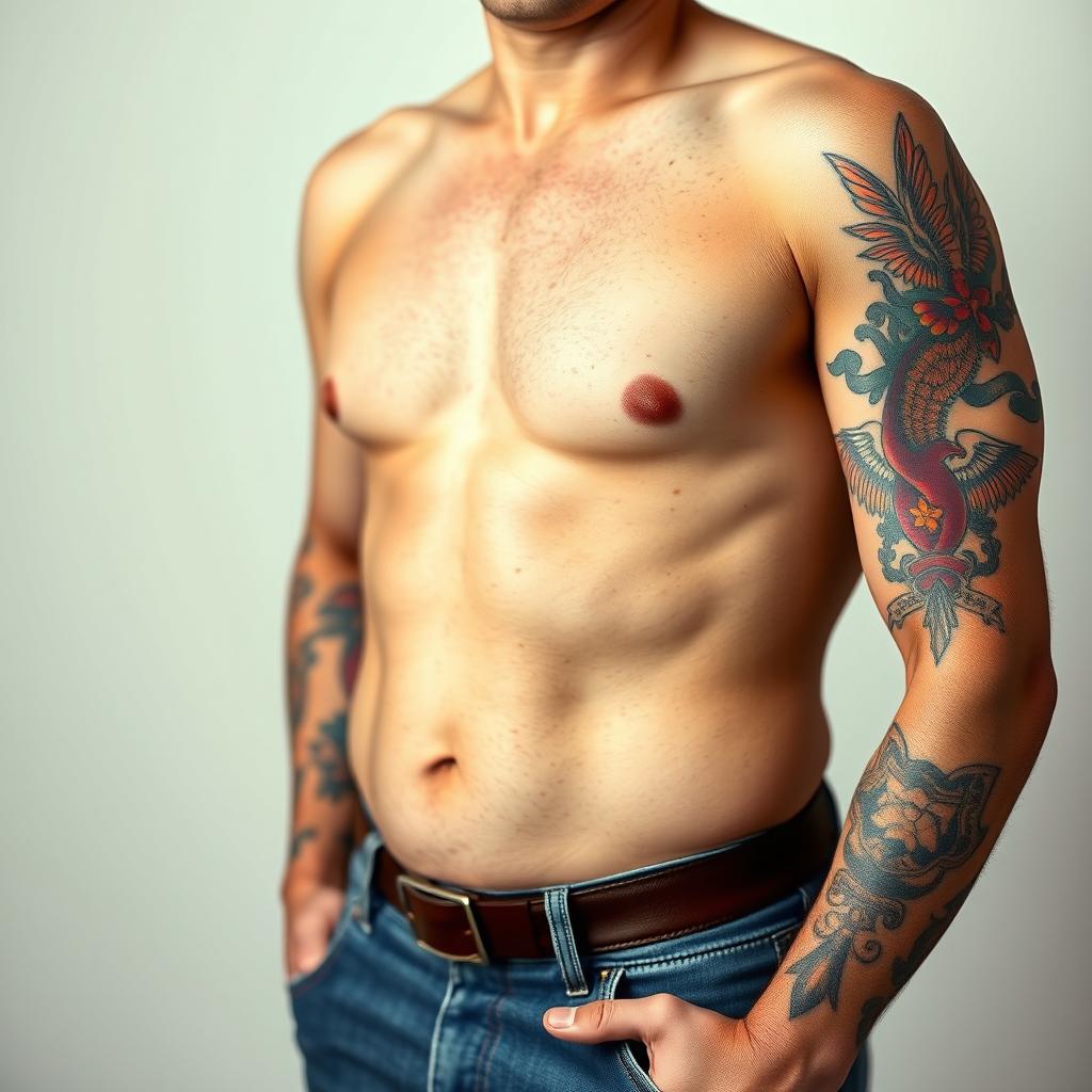 A striking photo of a white man, featuring only the middle part of his body