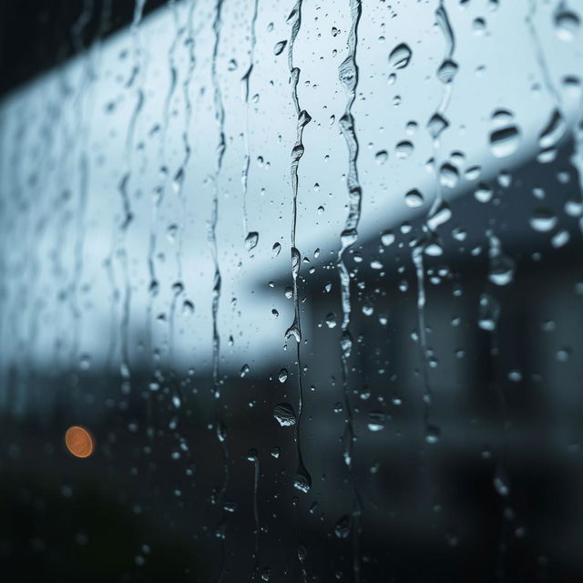 A close-up view of a rain-soaked window, with water droplets cascading down the glass