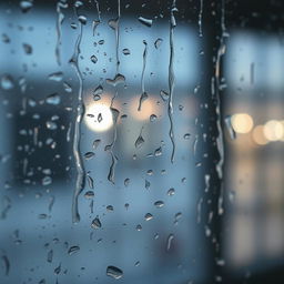 A close-up view of a rain-soaked window, with water droplets cascading down the glass