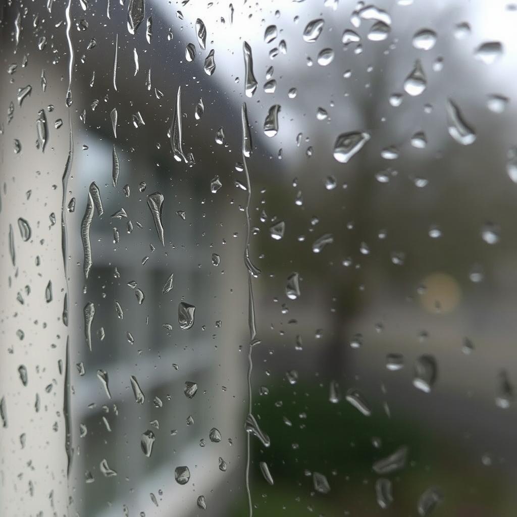 A close-up view of a rain-soaked window, with water droplets cascading down the glass