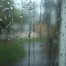 A close-up view of a rain-soaked window, with water droplets cascading down the glass