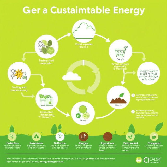 An educational infographic illustrating the process of generating sustainable energy from waste materials