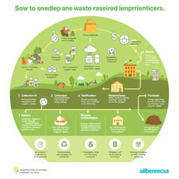 An educational infographic illustrating the process of generating sustainable energy from waste materials