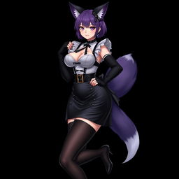 A sexy gothic semi-realistic anime kitsune girl maid, displaying gothic makeup and shoulder-length purple hair styled in a bun, adorned with a black hairpin