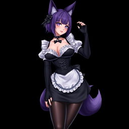 A sexy gothic semi-realistic anime kitsune girl maid, displaying gothic makeup and shoulder-length purple hair styled in a bun, adorned with a black hairpin