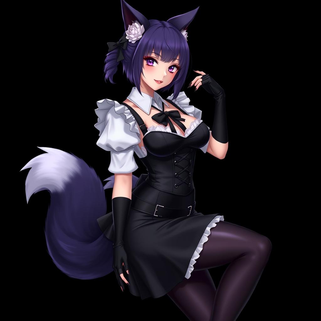 A sexy gothic semi-realistic anime kitsune girl maid, displaying gothic makeup and shoulder-length purple hair styled in a bun, adorned with a black hairpin