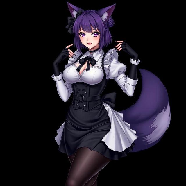 A sexy gothic semi-realistic anime kitsune girl maid, displaying gothic makeup and shoulder-length purple hair styled in a bun, adorned with a black hairpin