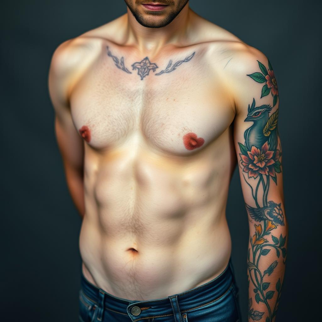 A captivating photo of a white man, featuring only the middle part of his body, cropped at the head and legs to highlight the torso