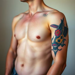 A captivating photo of a white man, featuring only the middle part of his body, cropped at the head and legs to highlight the torso