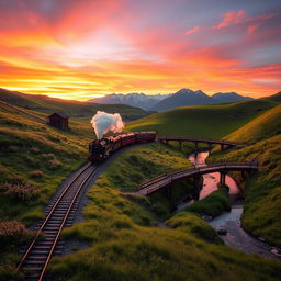 A scenic railway landscape with a winding train track cutting through lush green hills, dotted with wildflowers