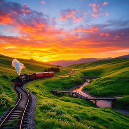 A scenic railway landscape with a winding train track cutting through lush green hills, dotted with wildflowers