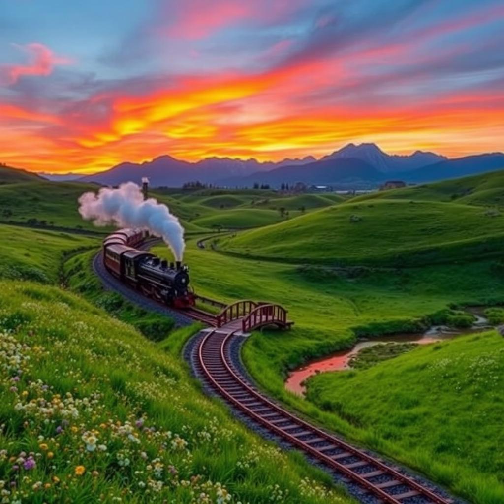 A scenic railway landscape with a winding train track cutting through lush green hills, dotted with wildflowers